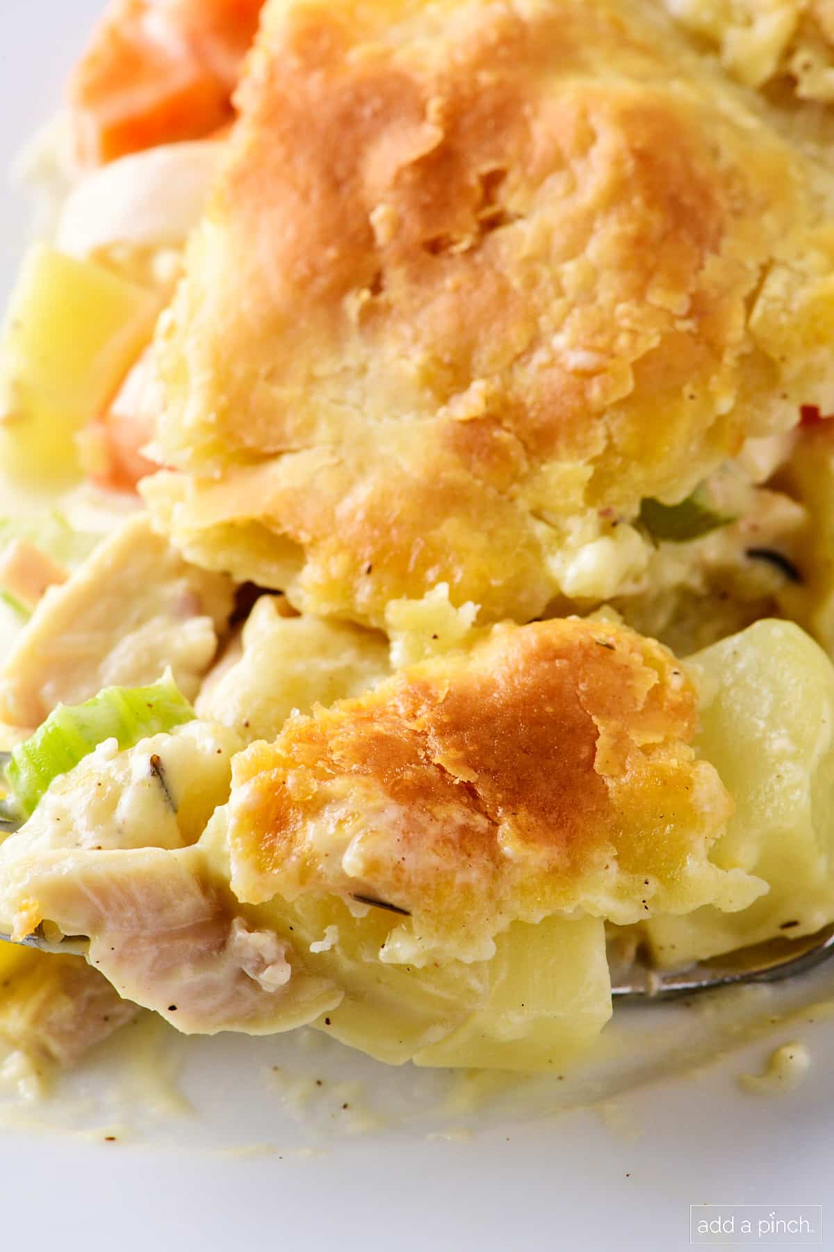 Slice of homemade turkey pot pie on a white plate.